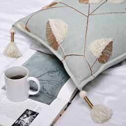 Light Blue Embroidered Pillow Cover, Gold Leaf Accents & Tassels - Bmcc293 - thumbnail 2