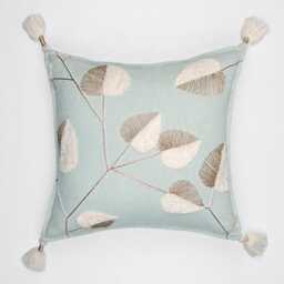 Light Blue Embroidered Pillow Cover, Gold Leaf Accents & Tassels - Bmcc293 - thumbnail 4