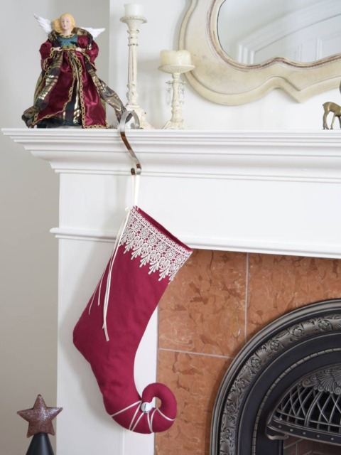 Handmade Elf Christmas Stocking - Red Cotton With Lace Trim - image 1