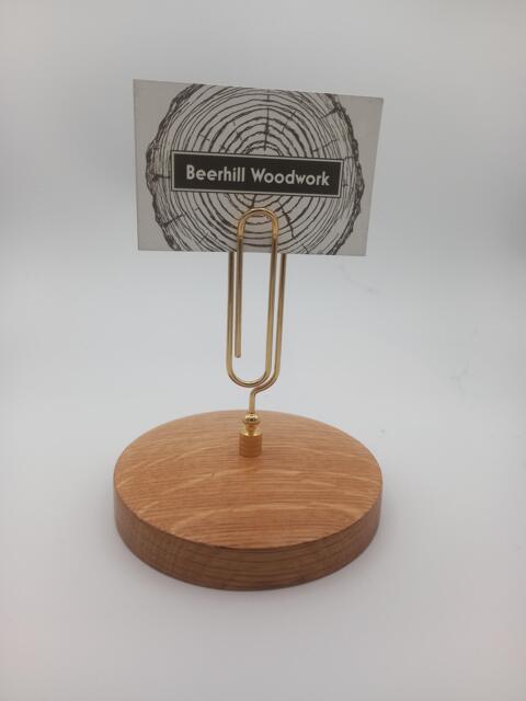 Place Card Holder Desk Memo Organizer With Whiskey Barrel Base - Handmade Oak Clip, Stylish Office Decor Gift - image 1