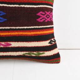 Vintage Turkish Kilim Pillow Cover Handwoven Wool Cushion - 16x16 - thumbnail 3