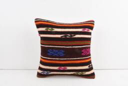 Vintage Turkish Kilim Pillow Cover Handwoven Wool Cushion - 16x16 - thumbnail 1