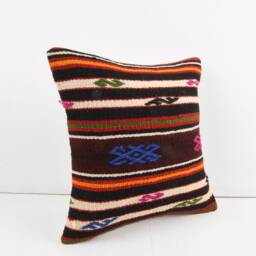 Vintage Turkish Kilim Pillow Cover Handwoven Wool Cushion - 16x16 - thumbnail 2