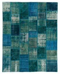 Hand-Knotted Turquoise Blue Patchwork Rug Upcycled Turkish Rug - 8' X 10' - thumbnail 1