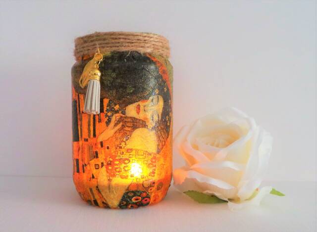 Klimt Kiss Light Up Jar Decoupage Candle Holder - image 1