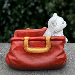 Stone Kitty in Red Bag Statue Concrete Kitten Figurine Outdoor Cat Sculpture Cement Animal Decoration Handmade Art Kitty Lover Gift - thumbnail 3