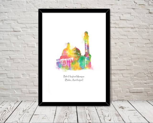 Azerbaijan Art Bibi Heybat Mosque Islamic Watercolour Illustration Prints Islamic Wall Gifts Muslim Islam