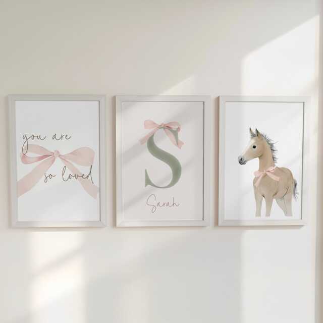 "Personalised Coquette Bow Nursery Prints, Vintage Girls Room Wall Art With Foal, ""So Loved" - image 1