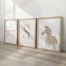 "Personalised Coquette Bow Nursery Prints, Vintage Girls Room Wall Art With Foal, ""So Loved" - thumbnail 2
