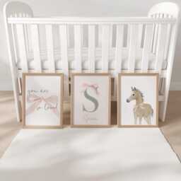 "Personalised Coquette Bow Nursery Prints, Vintage Girls Room Wall Art With Foal, ""So Loved" - thumbnail 3