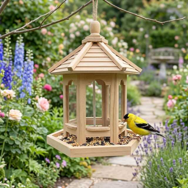 Wooden Hanging Bird Feeder House Outdoor Garden Feeder, Rustic Gazebo Decorative - image 1