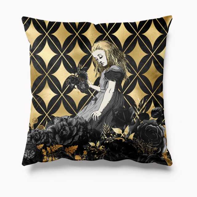 Alice in Wonderland Cushion Velvet Black & Gold 45cm X Cushions Pillows Limited Edition - Literary Gift Fantasy Interior Maximalist - image 1