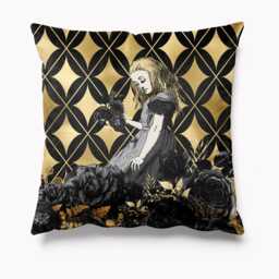 Alice in Wonderland Cushion Velvet Black & Gold 45cm X Cushions Pillows Limited Edition - Literary Gift Fantasy Interior Maximalist - thumbnail 1