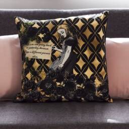 Alice in Wonderland Cushion Velvet Black & Gold 45cm X Cushions Pillows Limited Edition - Literary Gift Fantasy Interior Maximalist - thumbnail 2