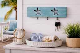 Coastal Key Holder Wall Mount - Beach House Rack With Hooks - Entryway Organizer - Nautical Hook Rack - Starfish Wood Hanger - thumbnail 1