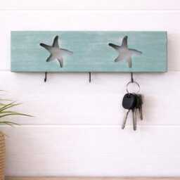 Coastal Key Holder Wall Mount - Beach House Rack With Hooks - Entryway Organizer - Nautical Hook Rack - Starfish Wood Hanger - thumbnail 2