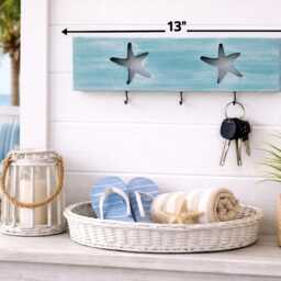 Coastal Key Holder Wall Mount - Beach House Rack With Hooks - Entryway Organizer - Nautical Hook Rack - Starfish Wood Hanger - thumbnail 3