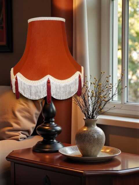 Terracotta Fabric Lampshade Handmade With Cream Braid, Fringe, Tassels - image 1