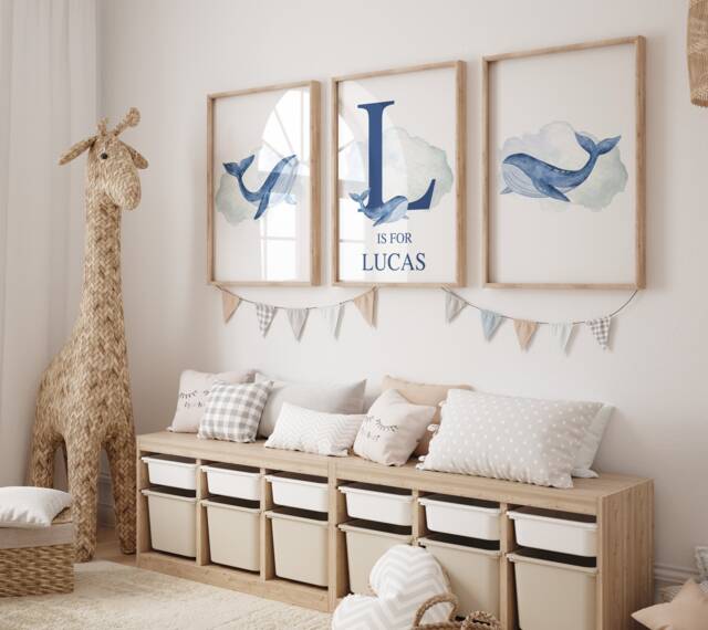 Whale Nursery Decor, Set Of 3 Prints, Boys Personalised Art, Blue Wall Watercolour Sealife, Ocean Bedroom - image 1