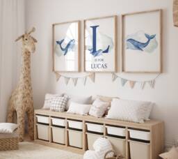 Whale Nursery Decor, Set Of 3 Prints, Boys Personalised Art, Blue Wall Watercolour Sealife, Ocean Bedroom - thumbnail 1