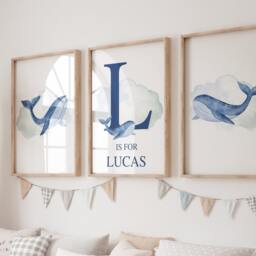 Whale Nursery Decor, Set Of 3 Prints, Boys Personalised Art, Blue Wall Watercolour Sealife, Ocean Bedroom - thumbnail 2