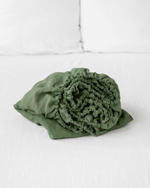 Forest Green Linen Fitted Sheet - Soft Bedding Queen King Deep Pocket Bed Stonewashed Moisture Wicking Oeko European - image 1