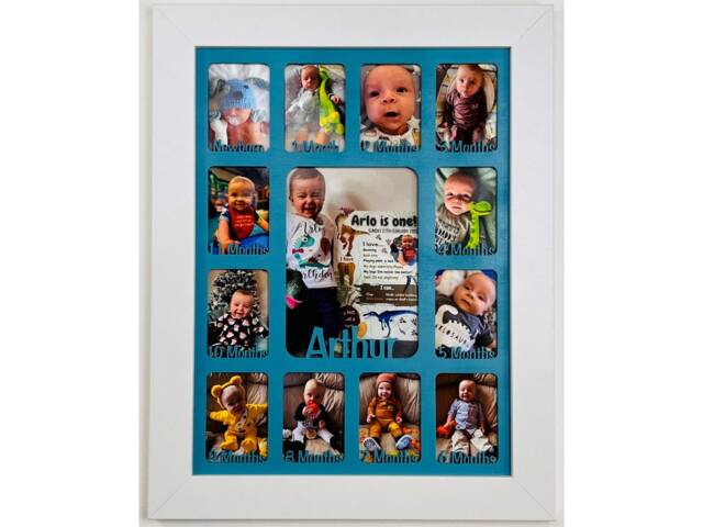 Newborn Baby 1st Year Personalised Photo Frame 1-12 Months - White & Teal Insert - image 1
