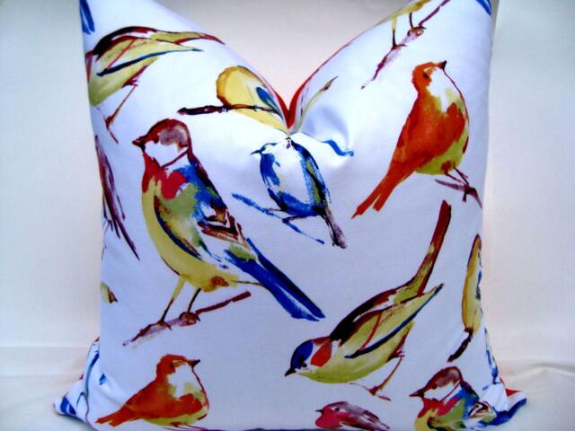 Richloom Bird Print Pillow Cover, White, Red, Blue, Designer Cushion - image 1