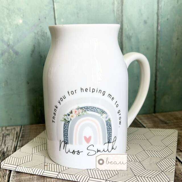 Personalised Teacher Gift Teaching Assistant Nursery Mentor Friend Mum Nanna Grandma Floral Rainbow Ceramic Jug Vase - image 1