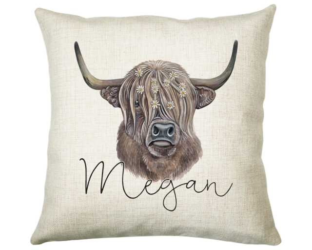 Personalised Highland Cow Cushion Gift Printed Name Design - Throw Pillow Scottish Cattle Cs306 - image 1