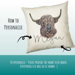 Personalised Highland Cow Cushion Gift Printed Name Design - Throw Pillow Scottish Cattle Cs306 - thumbnail 3