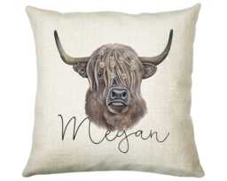 Personalised Highland Cow Cushion Gift Printed Name Design - Throw Pillow Scottish Cattle Cs306 - thumbnail 1