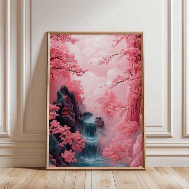 Cherry Blossom Waterfall Poster, Pink Japanese Landscape Wall Art, Tranquil Nature Print For Bedroom Or Living Room - image 1