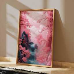 Cherry Blossom Waterfall Poster, Pink Japanese Landscape Wall Art, Tranquil Nature Print For Bedroom Or Living Room - thumbnail 2