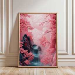 Cherry Blossom Waterfall Poster, Pink Japanese Landscape Wall Art, Tranquil Nature Print For Bedroom Or Living Room - thumbnail 1