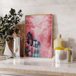 Cherry Blossom Waterfall Poster, Pink Japanese Landscape Wall Art, Tranquil Nature Print For Bedroom Or Living Room - thumbnail 3