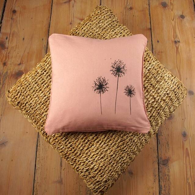 Cotton Cushion Cover Light Pink With Black Allium/Dandelion Motif Hand-Printed, Screen Print Unique, Gift Botany Lover - image 1