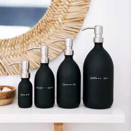Matte Black Glass Soap Dispenser Bottle - Retro Stamped Label, Silver Pump - Choice Of Sizes - thumbnail 4
