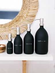 Matte Black Glass Soap Dispenser Bottle - Retro Stamped Label, Silver Pump - Choice Of Sizes