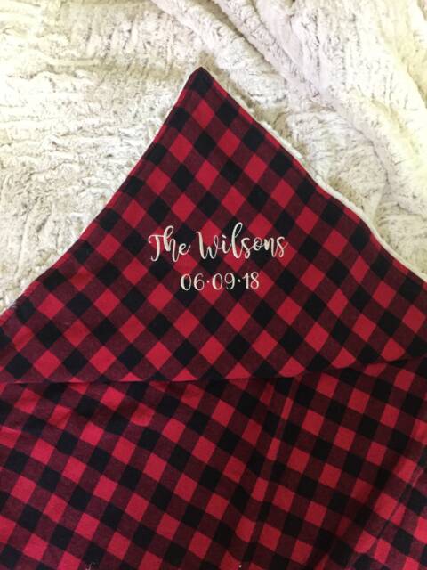 Personalized Buffalo Plaid Minky Blanket, Embroidered Gift - image 1
