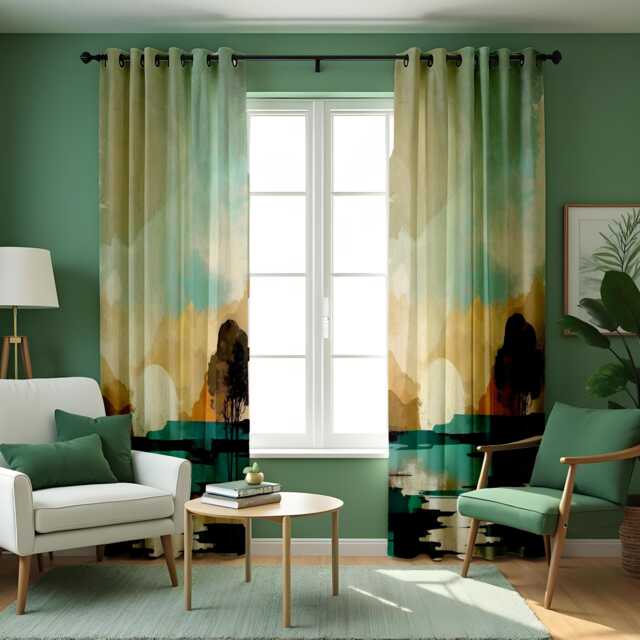 Sunset Landscape Curtain, Soft Watercolor Nature Drape, Mountain & Tree Scene, Modern Window Treatment, Custom Size Available, Made To Order - image 1