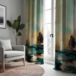 Sunset Landscape Curtain, Soft Watercolor Nature Drape, Mountain & Tree Scene, Modern Window Treatment, Custom Size Available, Made To Order - thumbnail 2