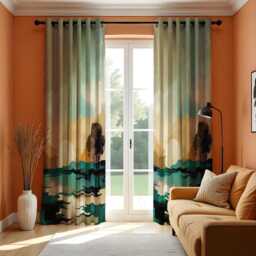 Sunset Landscape Curtain, Soft Watercolor Nature Drape, Mountain & Tree Scene, Modern Window Treatment, Custom Size Available, Made To Order - thumbnail 3