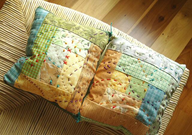 Pillow Decorative Accent Embroidered Log Cabin Pattern Fall Decor Or Pinchusion Light Green & Gold - image 1