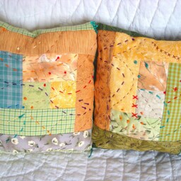 Pillow Decorative Accent Embroidered Log Cabin Pattern Fall Decor Or Pinchusion Light Green & Gold - thumbnail 2