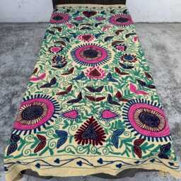 Hand-Embroidered Cotton Suzani Quilt, Decorative Floral Pattern, Artisan Made Bedspread - thumbnail 2