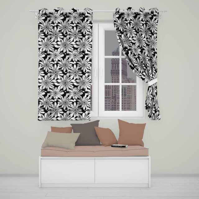 Black White Bold Floral Graphic Seamless Pattern Readymade Eyelet Ring Top Thermal 100% Blackout Curtains - image 1