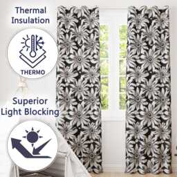 Black White Bold Floral Graphic Seamless Pattern Readymade Eyelet Ring Top Thermal 100% Blackout Curtains - thumbnail 3