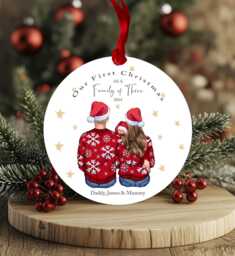 First Christmas As A Family Of Three Bauble, Personalised Couple & New Baby Ornament, Babies 1st Xmas Acrylic Bauble
