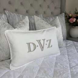 "Custom Initials Embroidered Pillow Personalized Family Keepsake in Ivory & Taupe Pillow 12"" X 20" - thumbnail 2